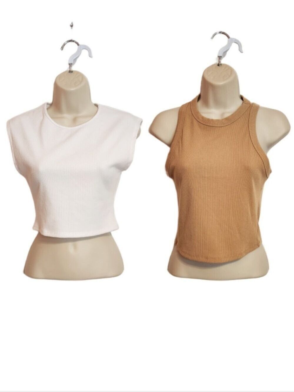 Briavia Casual Ribbed Sleeveless White Top Racerback Tan Tank Bundle Medium
